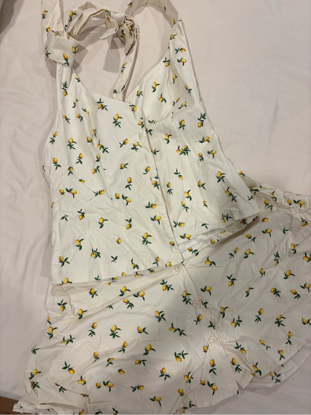 Zara White Lemon Print Halter Top and Mini Skirt Set